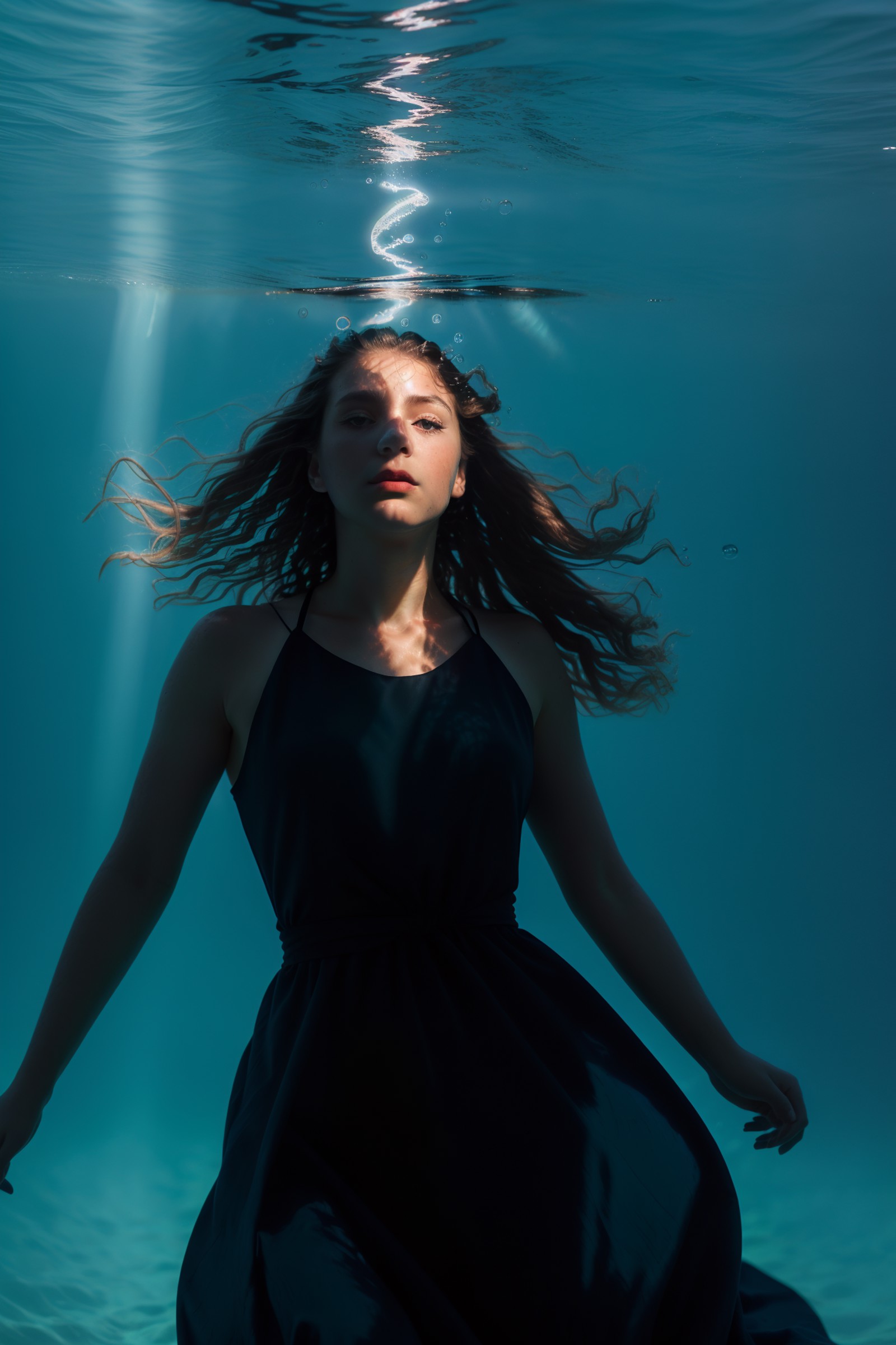 aqua spotlight,silhouette,1girl,upper body,underwater,floatting,long dress,waves,sunlight,air bubbles,hyperrealistic,real ...
